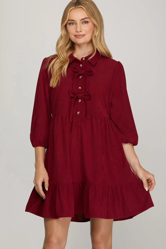 Vega Corduroy Bow Ruffle Wine Dress