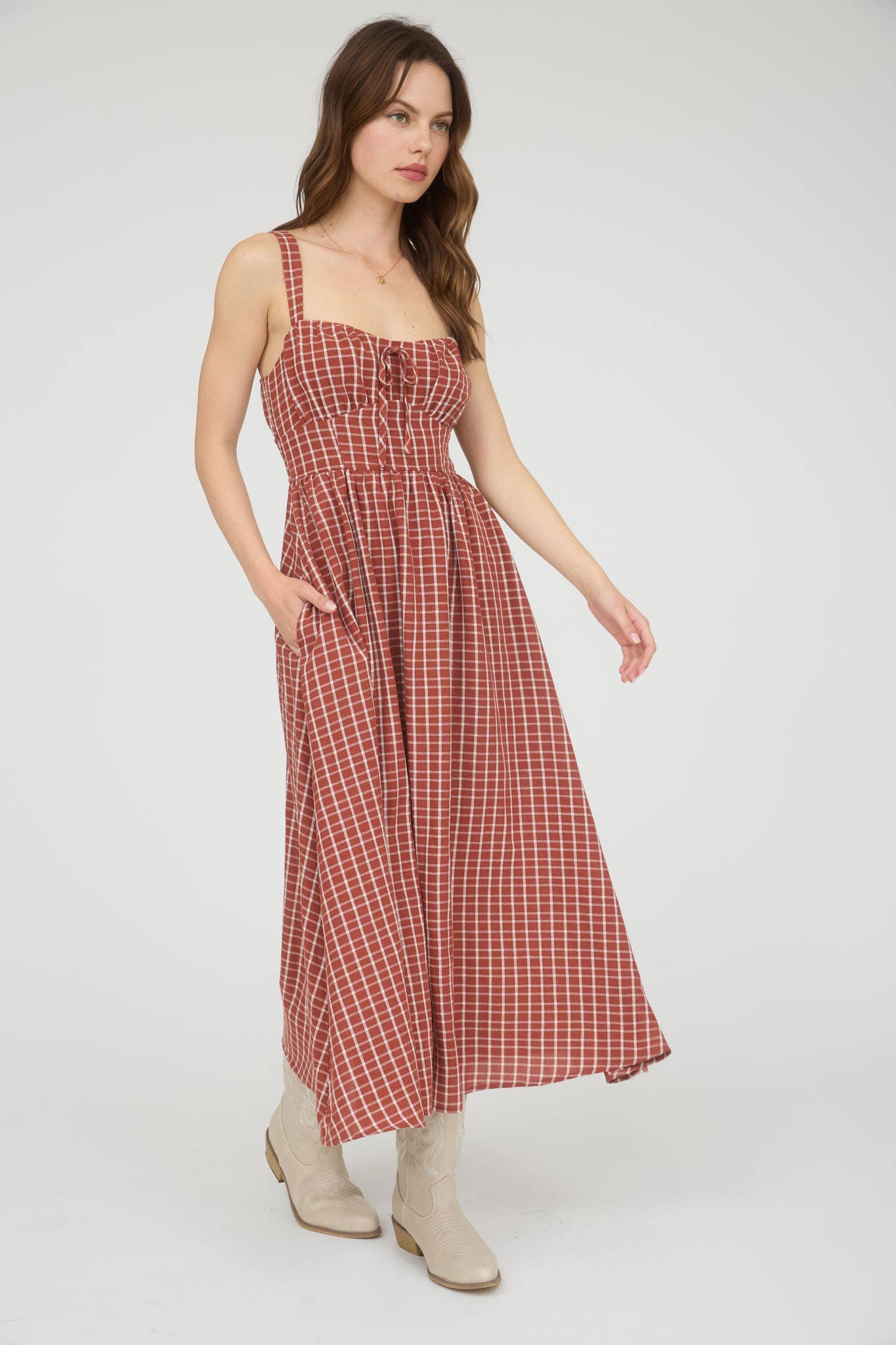 Arbor Plaid Corset Midi Red Dress