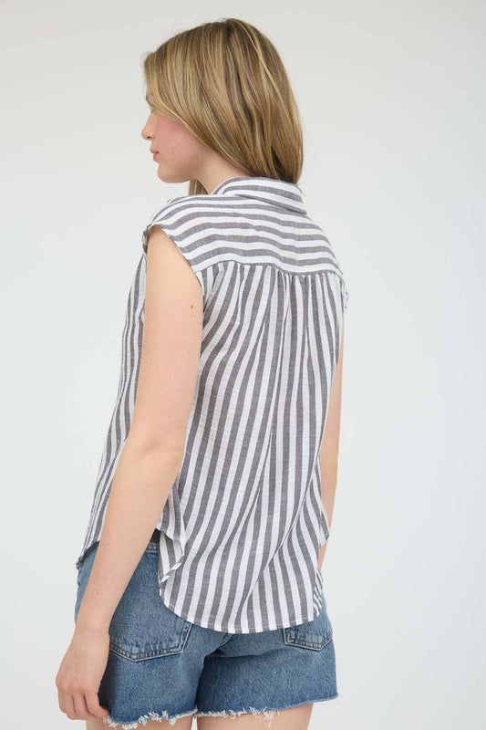 Korra Black & White Striped Cap Sleeve Buttondown