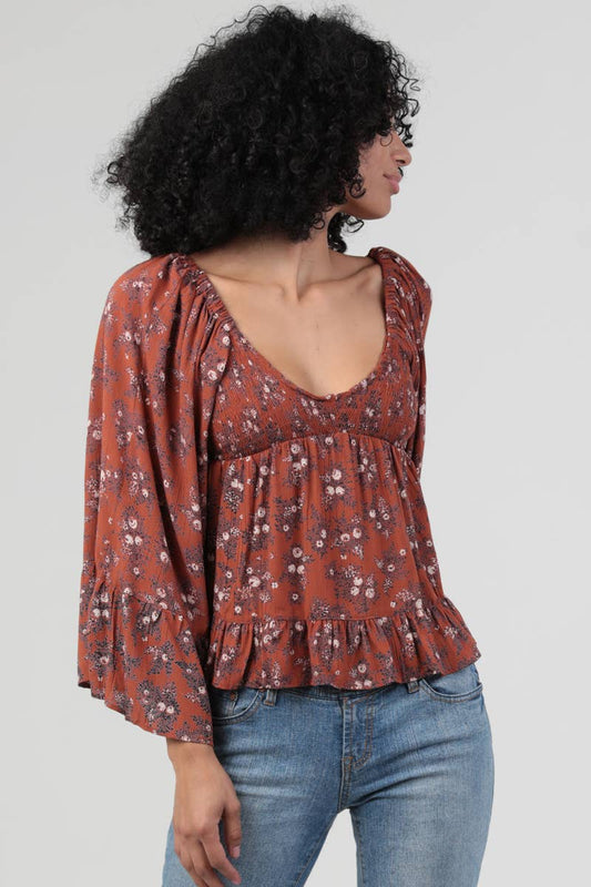 Clarisse Floral Rust Boho Blouse