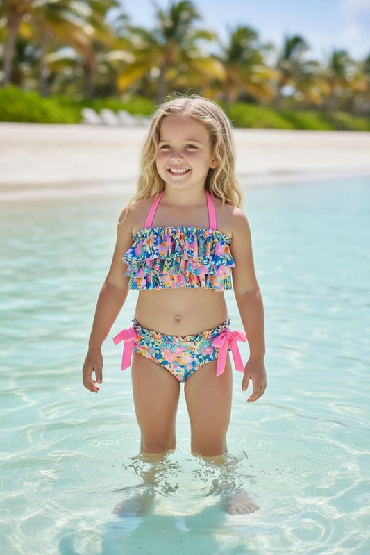 Girls Max Ruffle Floral Pink Tie Bikini