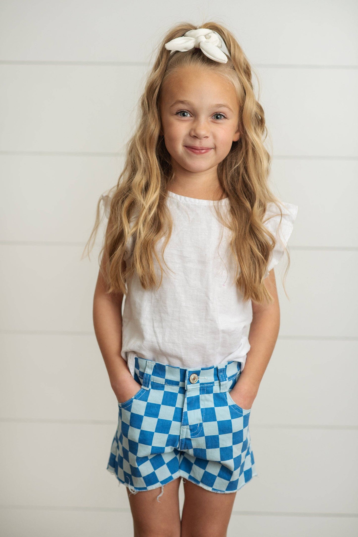Girls Checkered Denim Blue Shorts