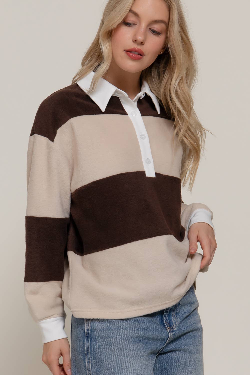 Landry Fleece Striped Collared Top