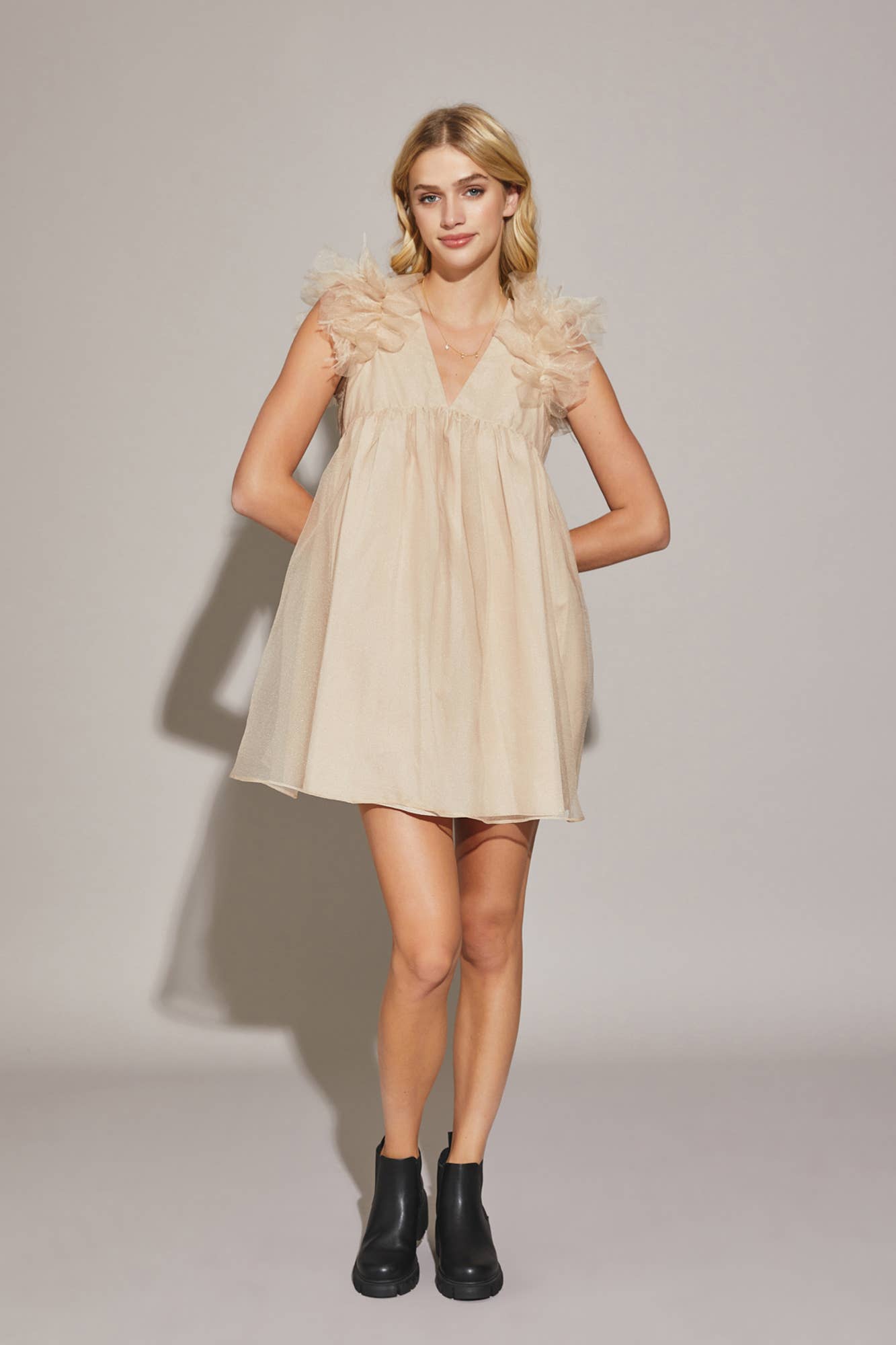 Dara Feather Babydoll Beige Romper Dress