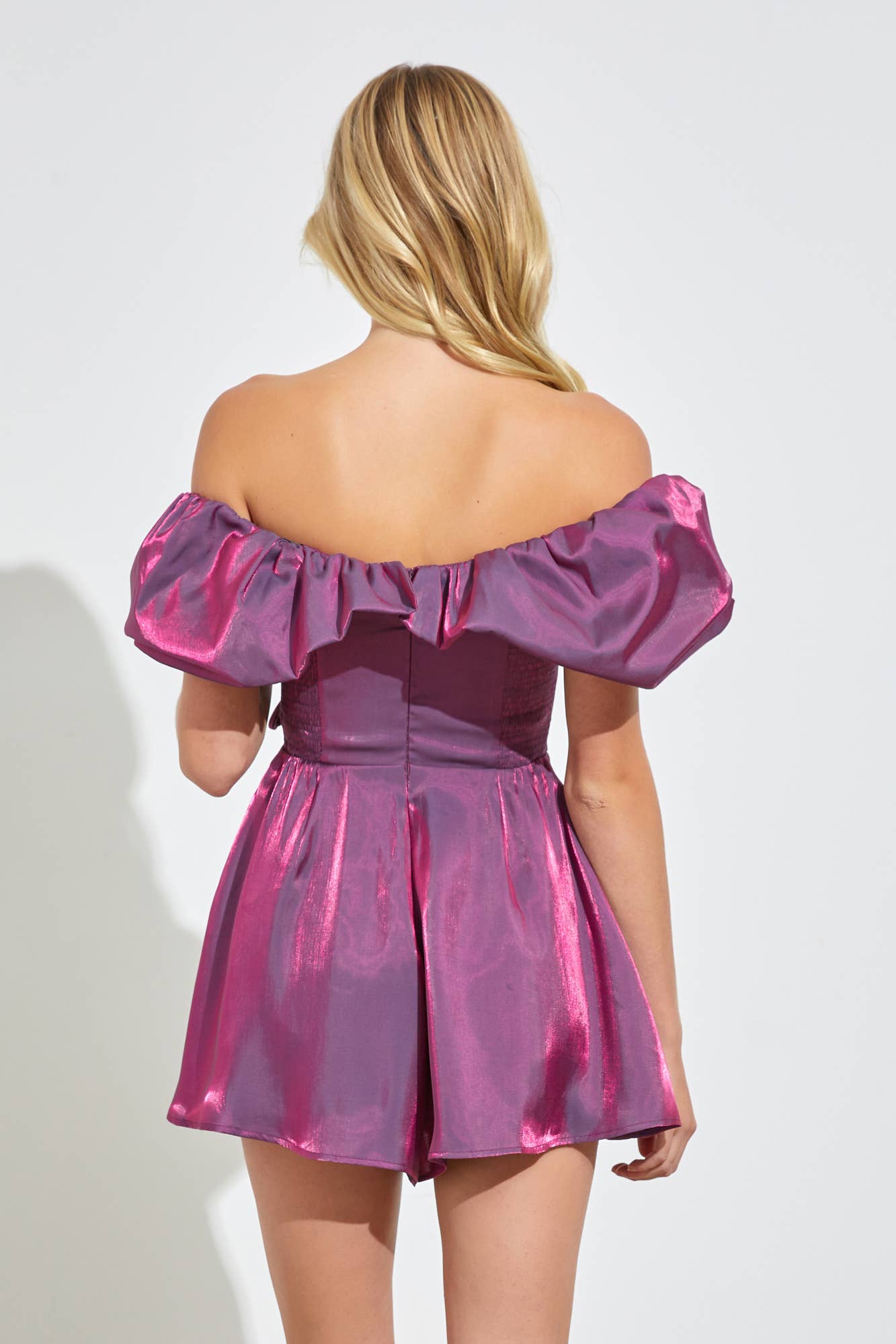 Priscilla Metallic Ruffle Off Shoulder Orchid Romper