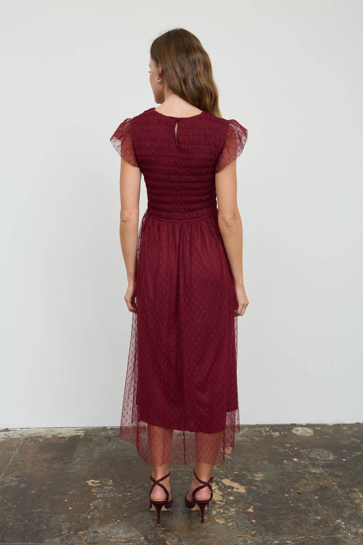 Amarena Swiss Dot Burgundy Midi Dress
