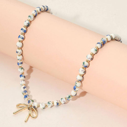Meadow Blue Ceramic Beaded Bow Necklace