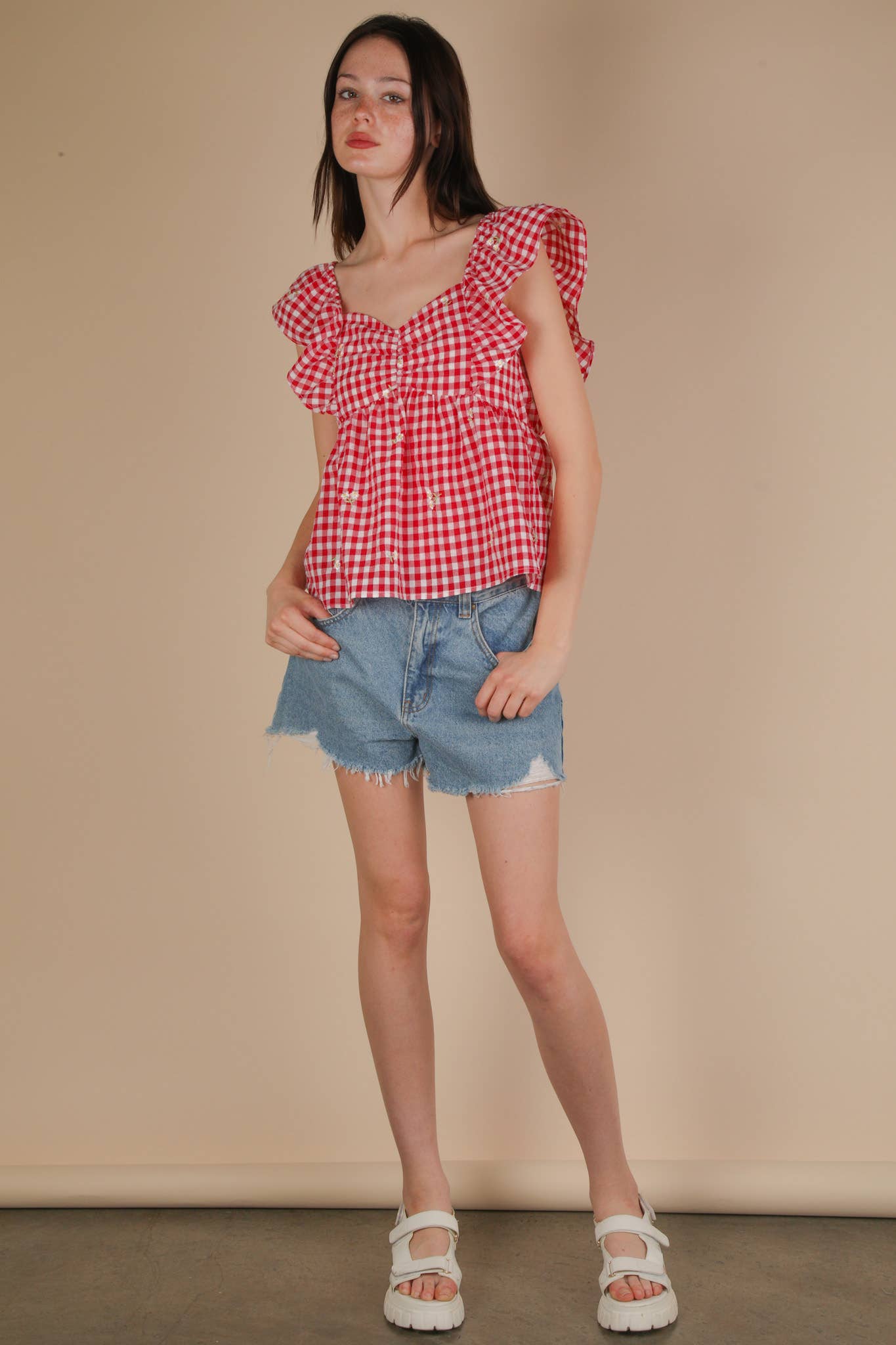 Emmy Gingham Daisy Embroidered Blouse