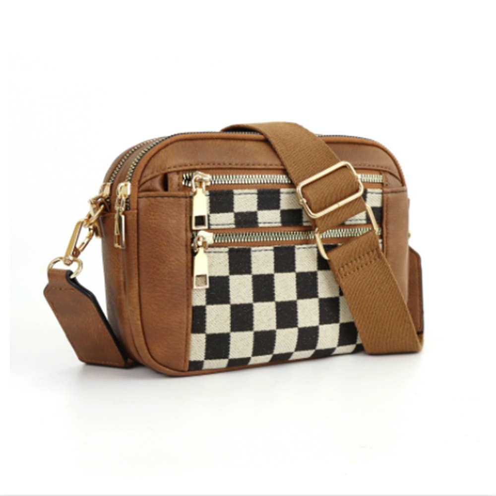 Checkered Multi Zipper Tan Crossbody Bag