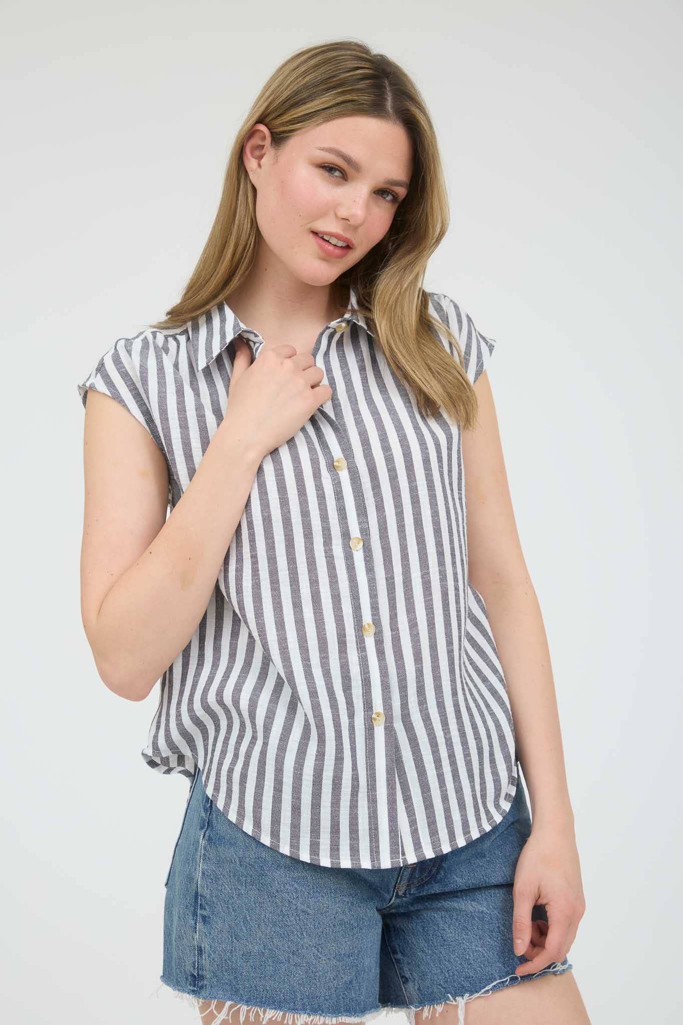 Korra Black & White Striped Cap Sleeve Buttondown