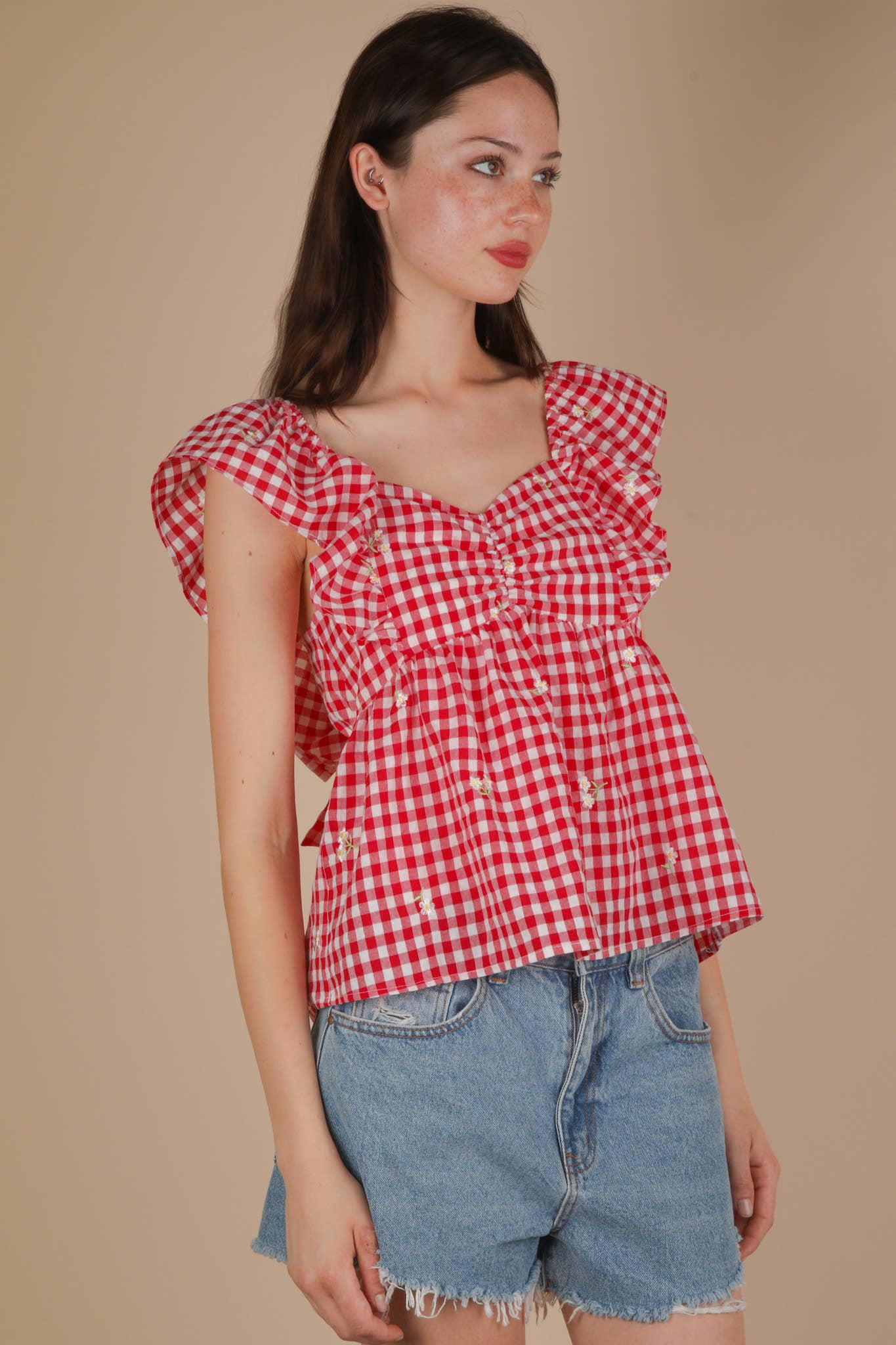 Emmy Gingham Daisy Embroidered Blouse