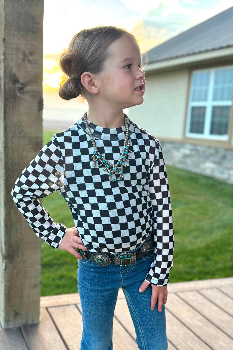 Girls Black & White Checkered Mesh Top