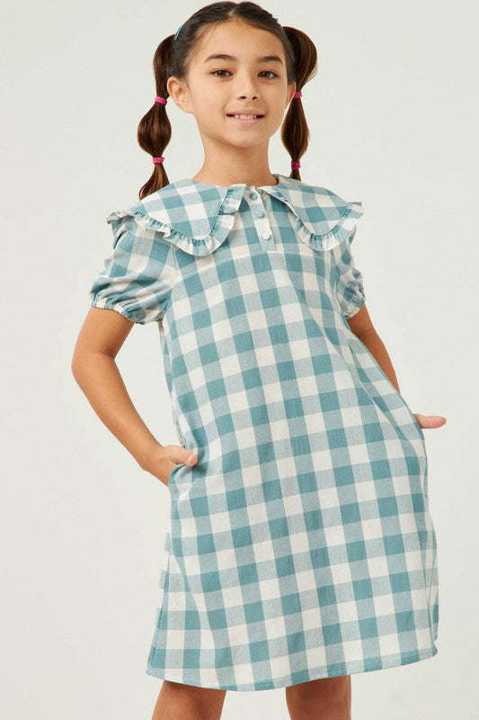 Girls Gingham Bib Blue Dress