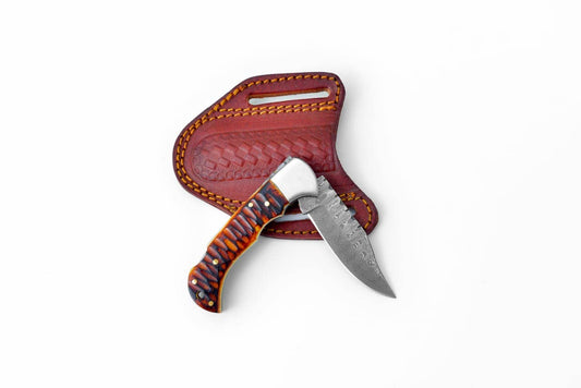 Titan Stag Horn Damascus Folding Knife & Leather Sheath