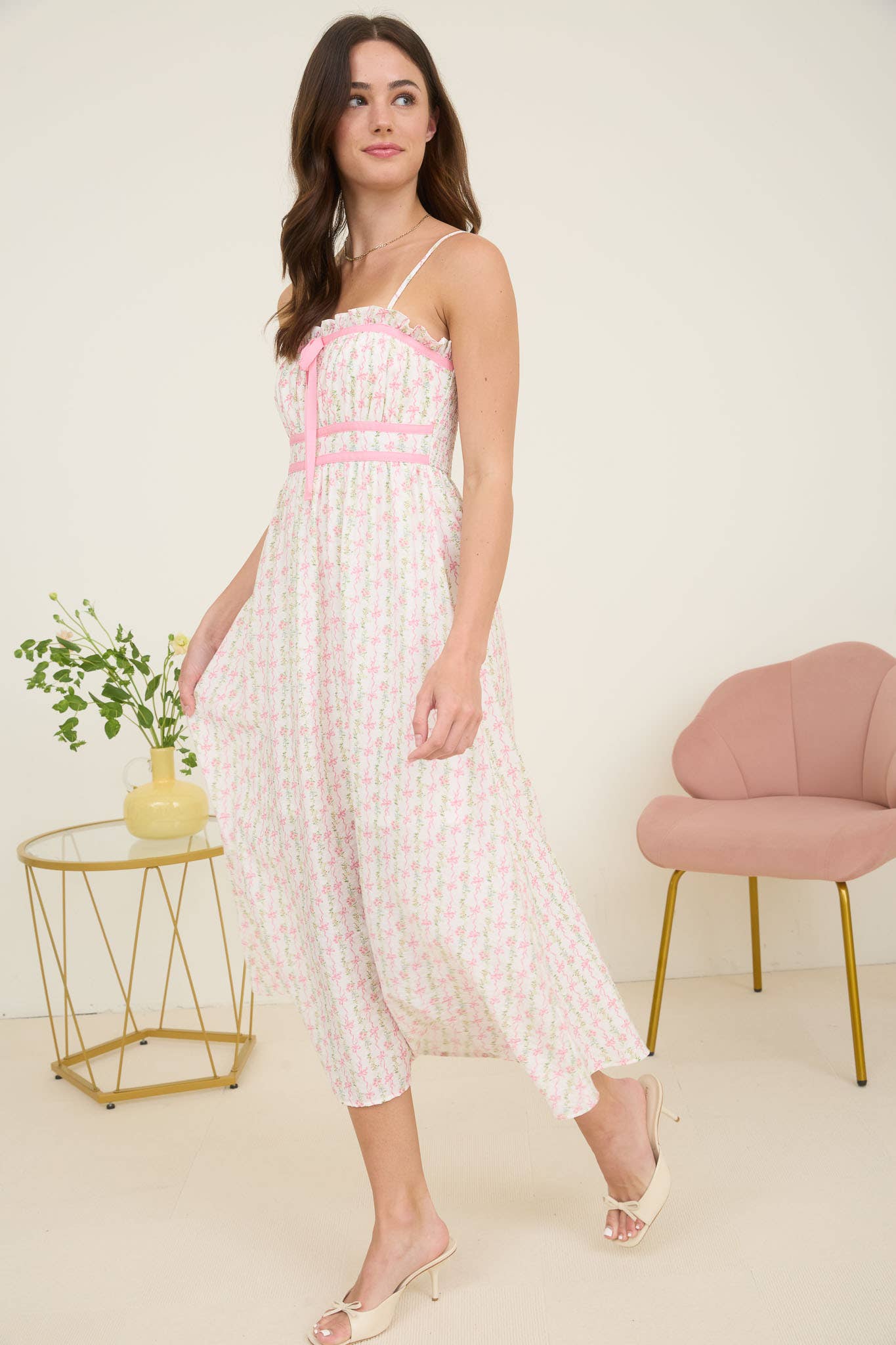 Clementine Bow Floral Pink Midi Dress