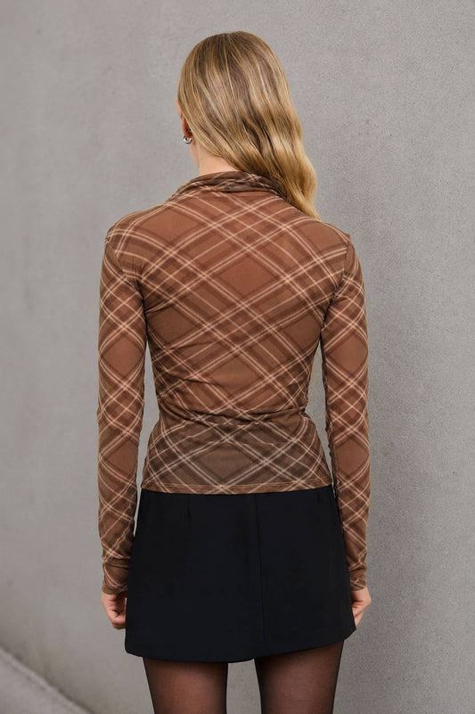 Brown Plaid Mesh Longsleeve Top