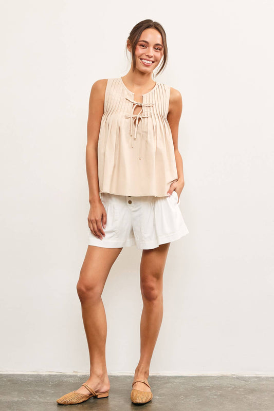 Izzy Pleated Sleeveless Khaki Blouse