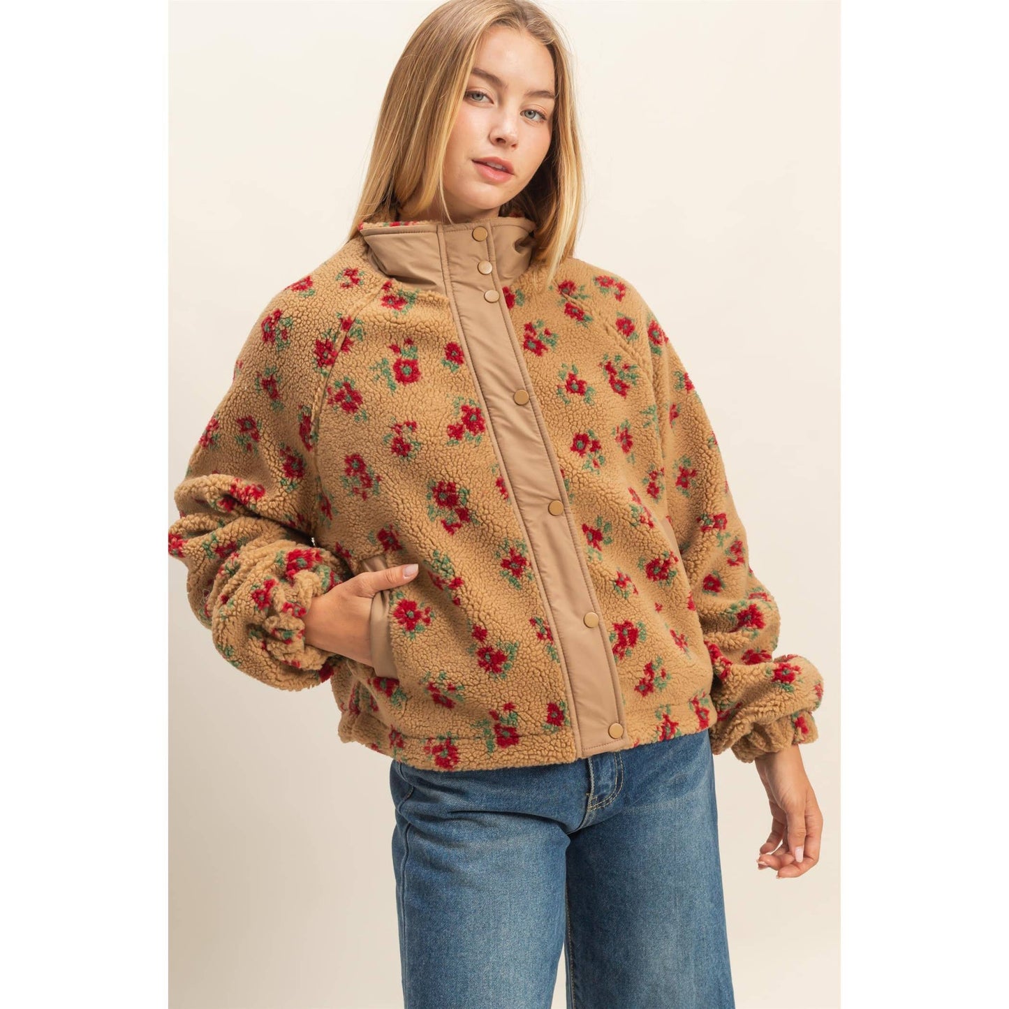 Dawn Floral Sherpa Tan & Maroon Jacket