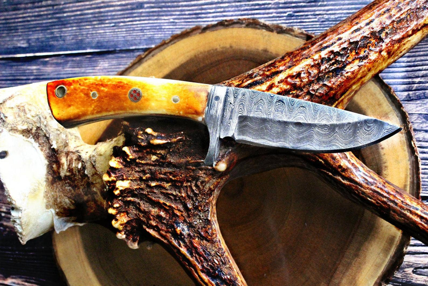 Titan Damascus Fixed Blade with Leather Bolster