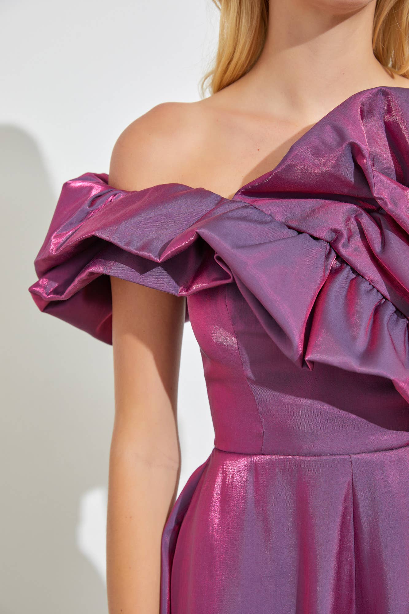 Priscilla Metallic Ruffle Off Shoulder Orchid Romper