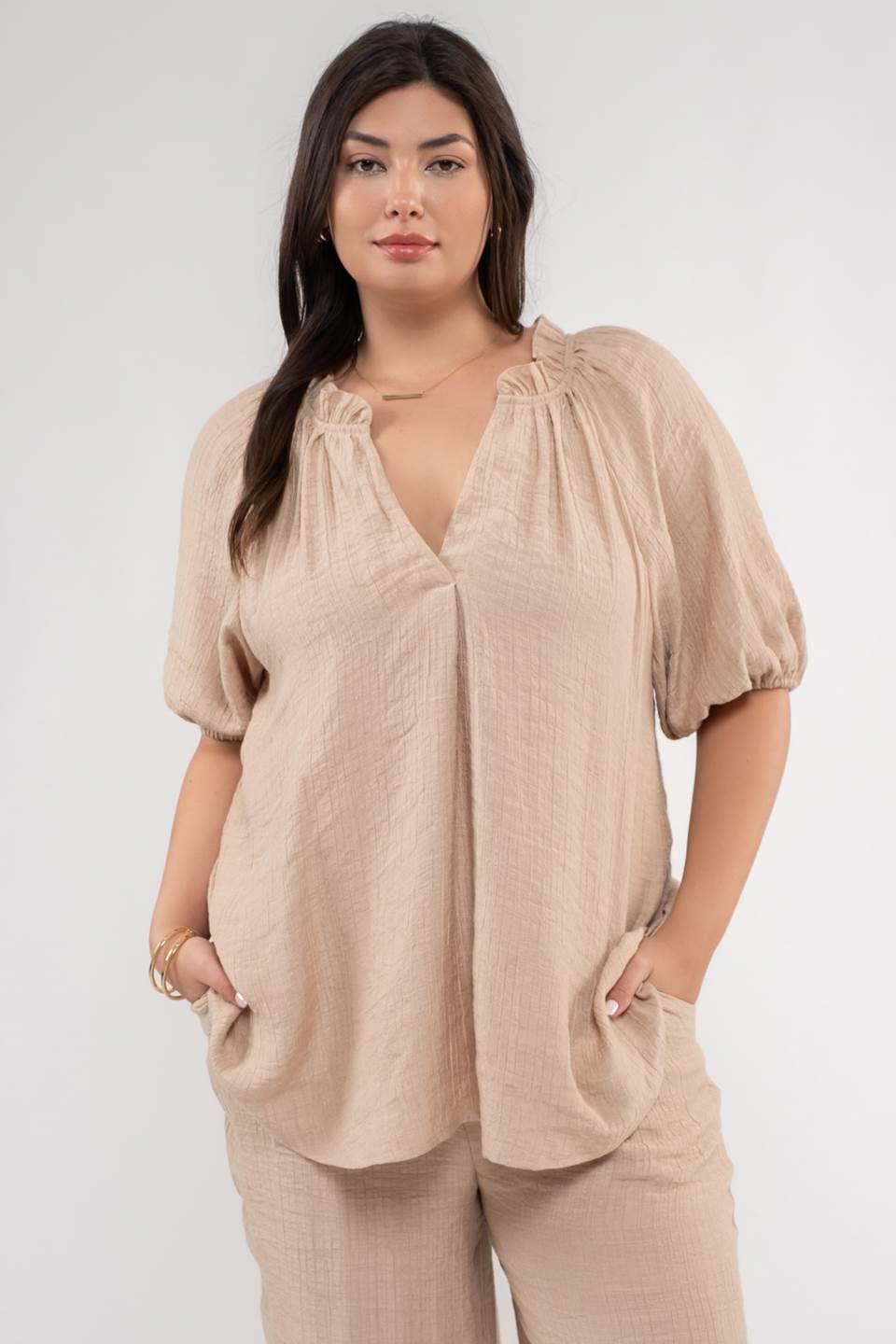 **SALE!** Audrey Split Neck Textured Blouse (Plus Only)