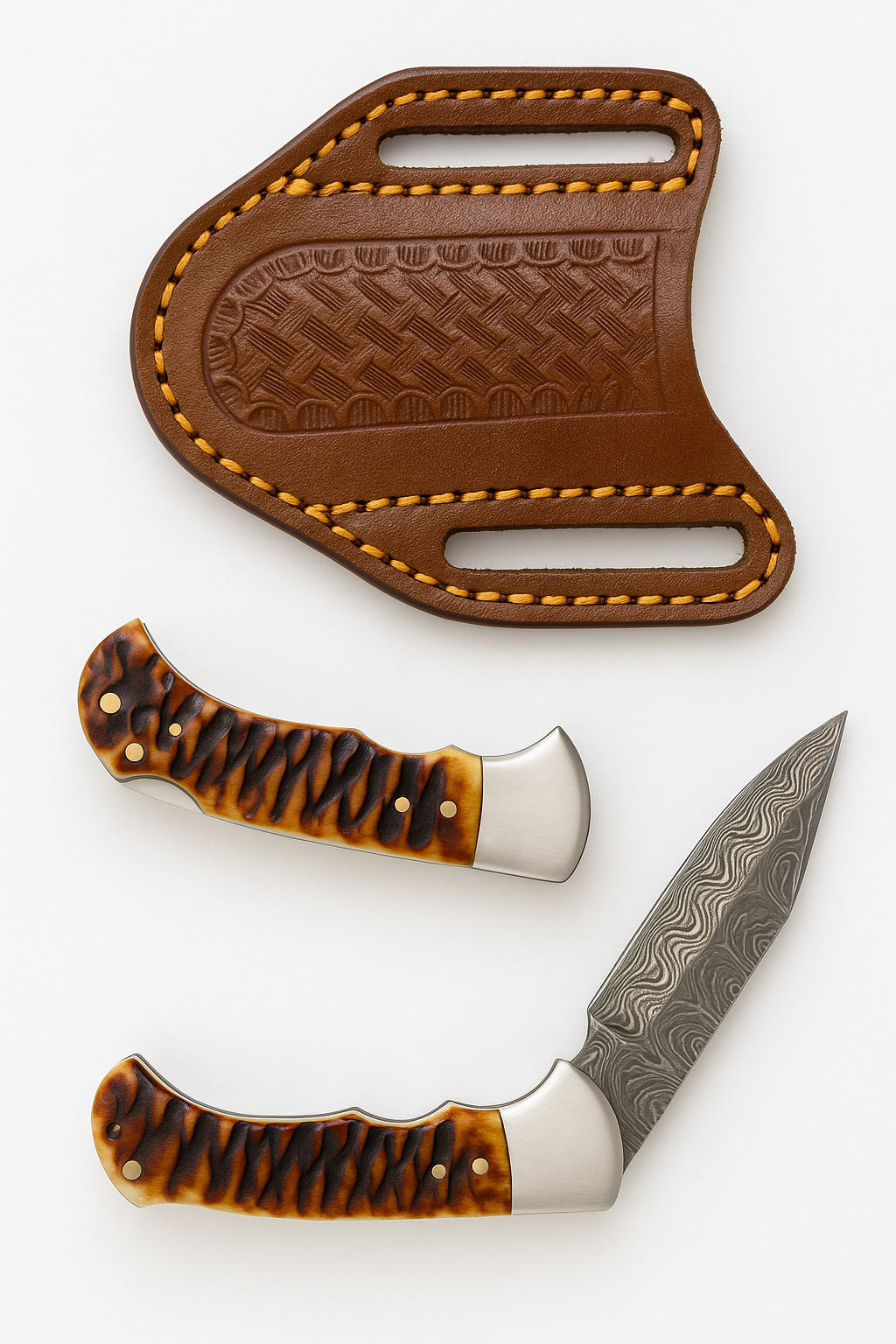 Titan Stag Horn Damascus Folding Knife & Leather Sheath