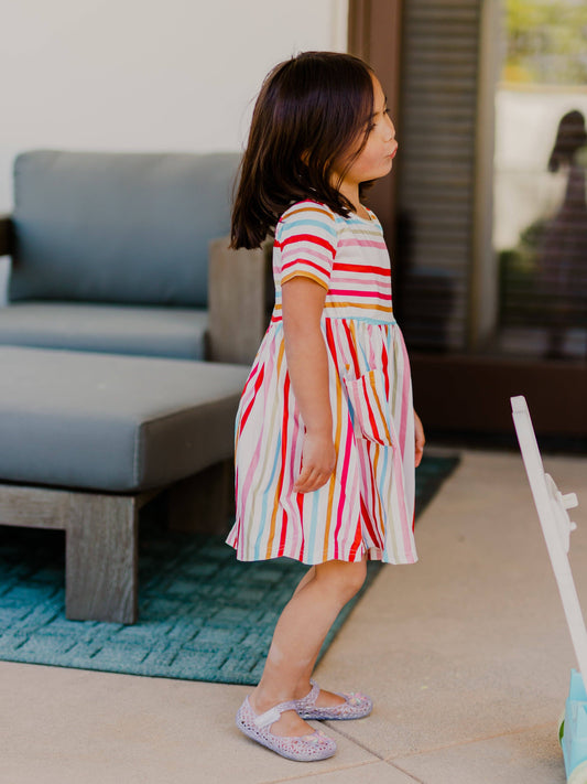 Girls Striped Pocket Multi Colored Dress