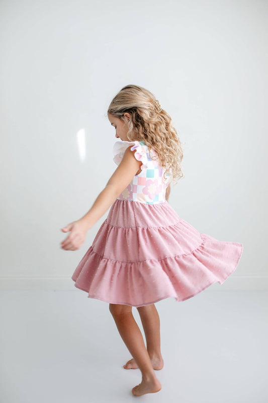 Girls Pastel Checkered Flowers Swiss Dot Pink Dress