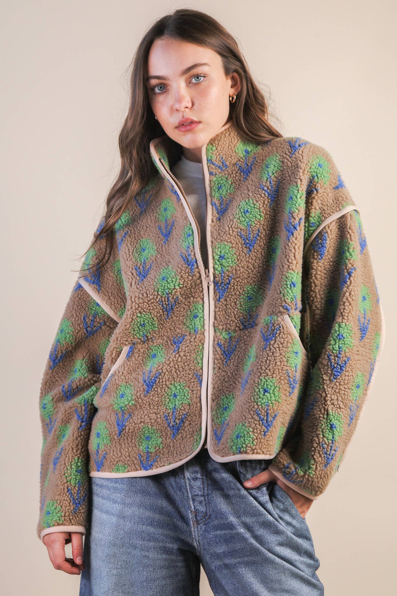 Danielle Floral Sherpa Brown & Green Jacket