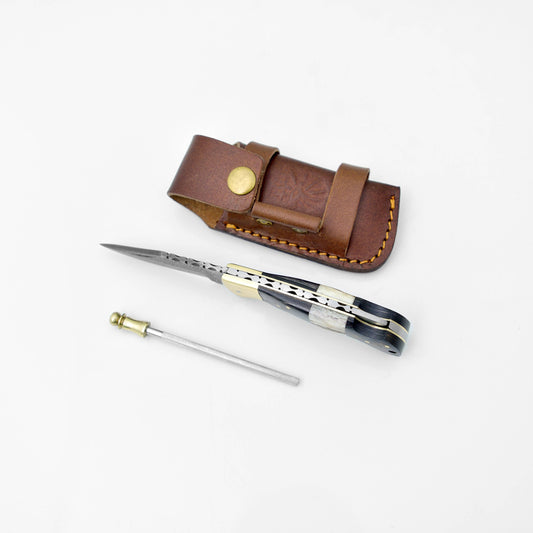Titan Diamond Wood & Stag Pocket Knife with Leather Sheath