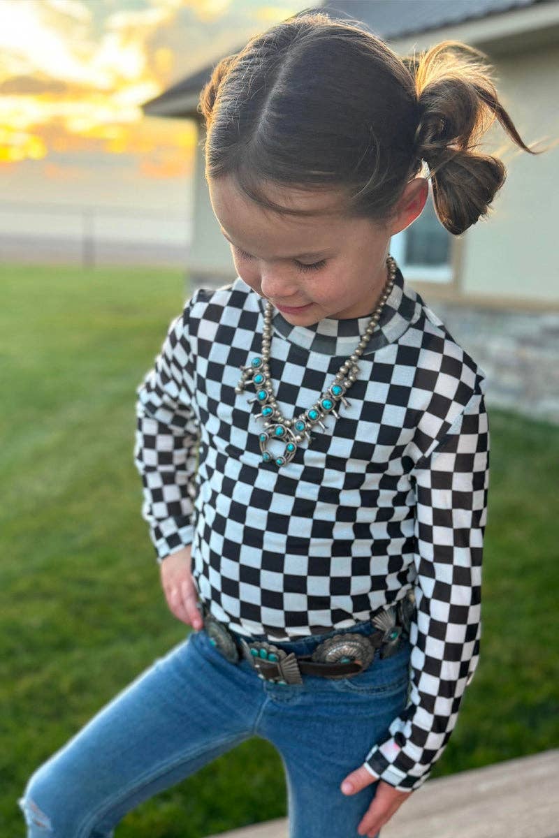 Girls Black & White Checkered Mesh Top