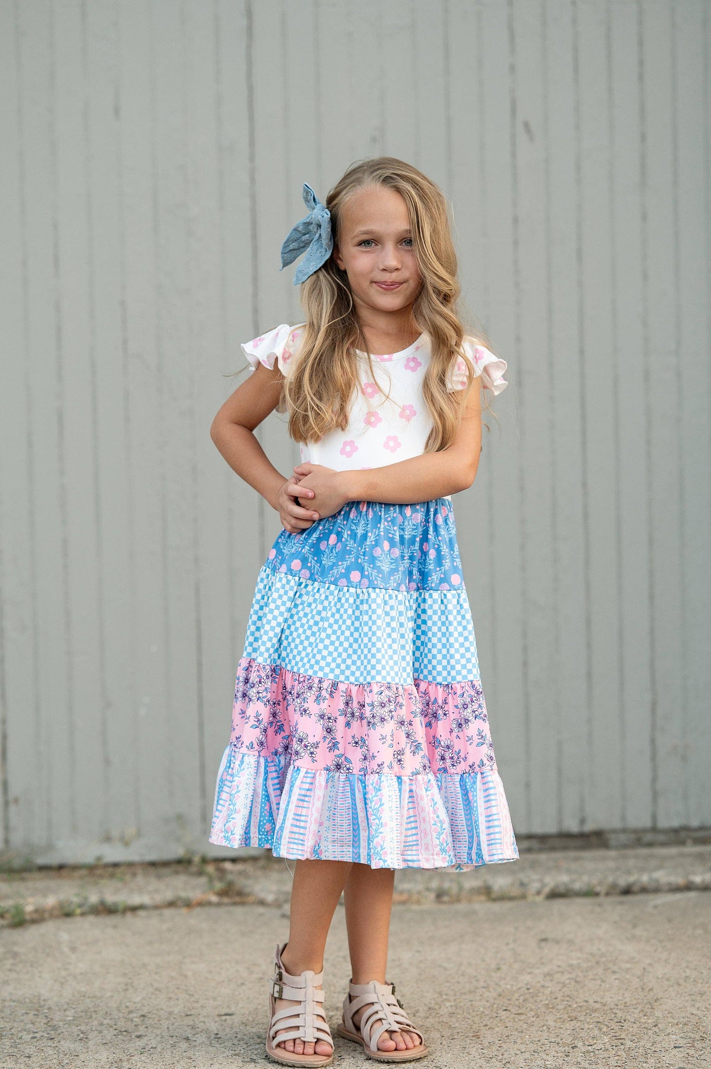 Girls Valine Pink & Blue Floral Tiered Dress
