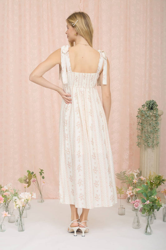 Audrey Striped Floral Midi Taupe & Ivory Dress