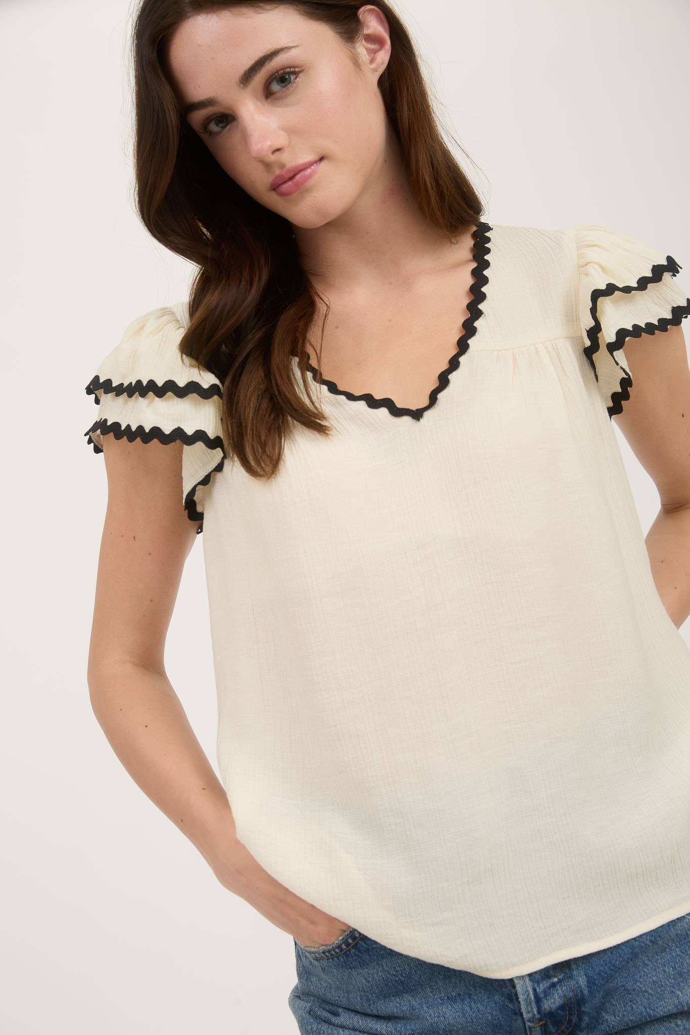 Frankie Rick Rack Ruffle Sleeve Blouse