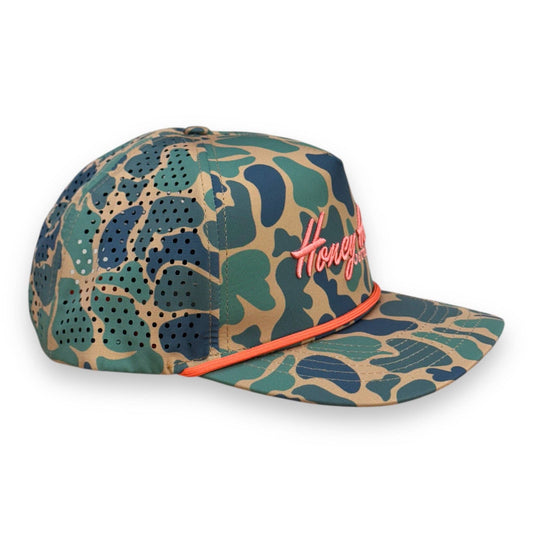 Mens Honey Hole Duck Camo Blaze Performance Rope Hat