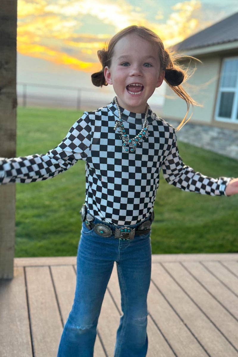 Girls Black & White Checkered Mesh Top