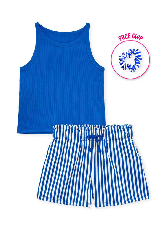 Girls Jewel Striped Short Blue Set