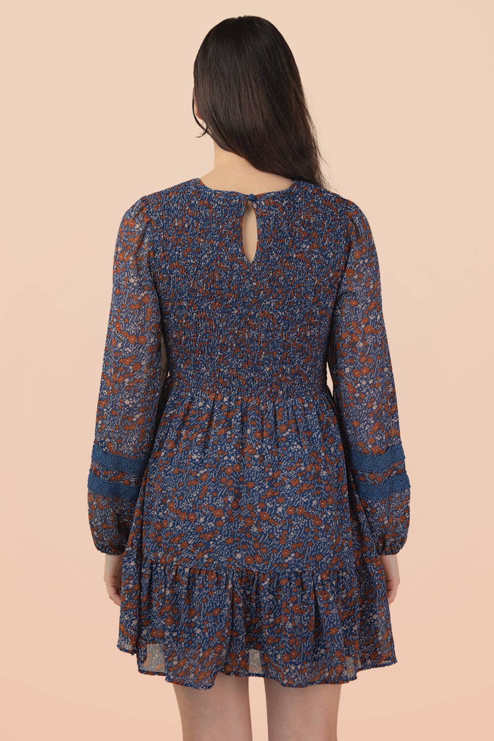 Kitty Floral Smocked Long Sleeve Navy Dress