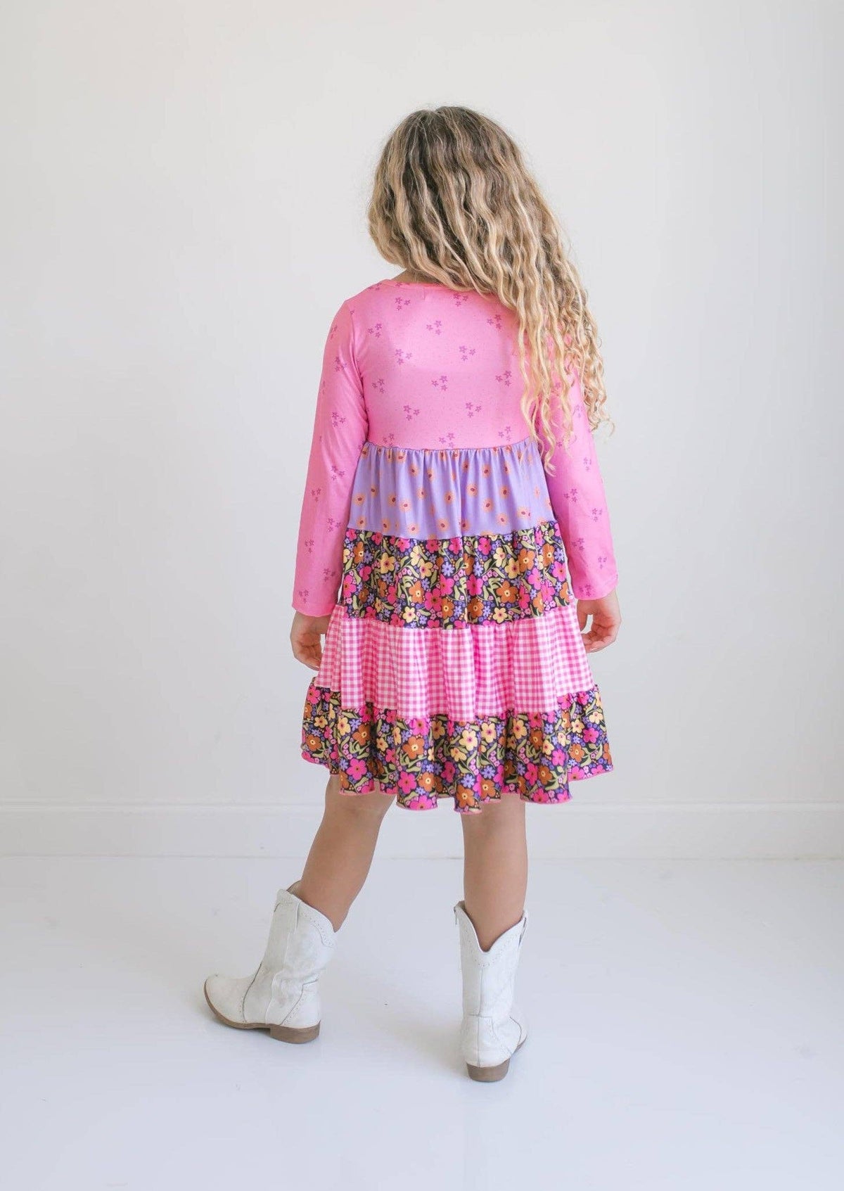 Girls Pink Gingham Floral Tiered Dress