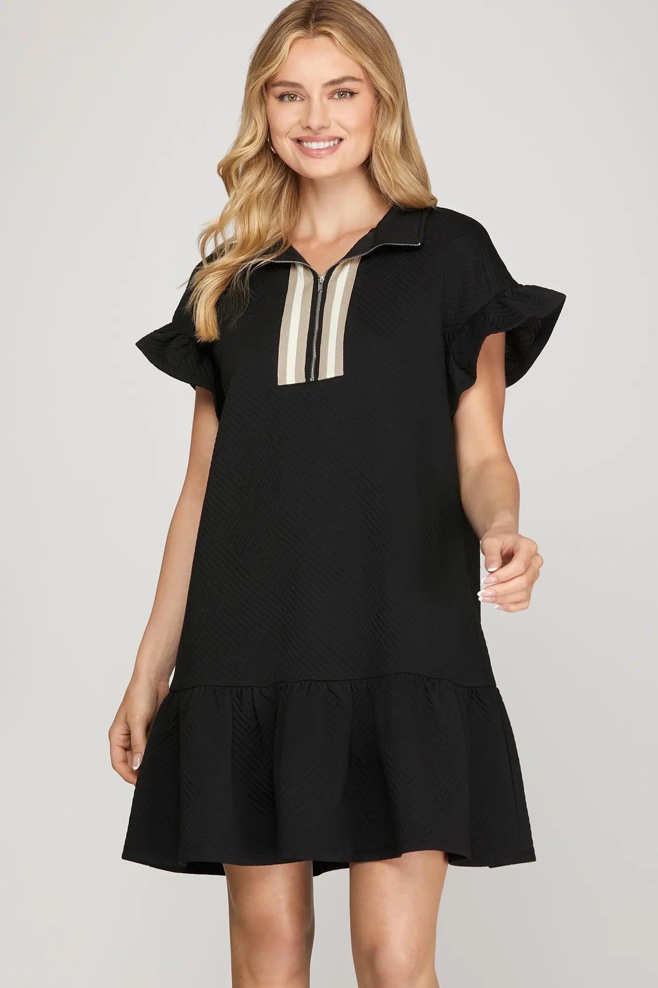 Rhiannon Textured Ruffle Zip Black Dress