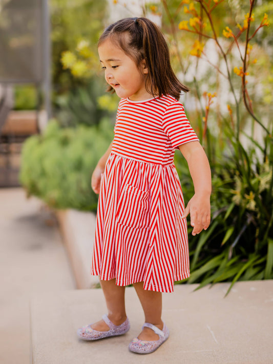 Girls Striped Pocket Red Dress