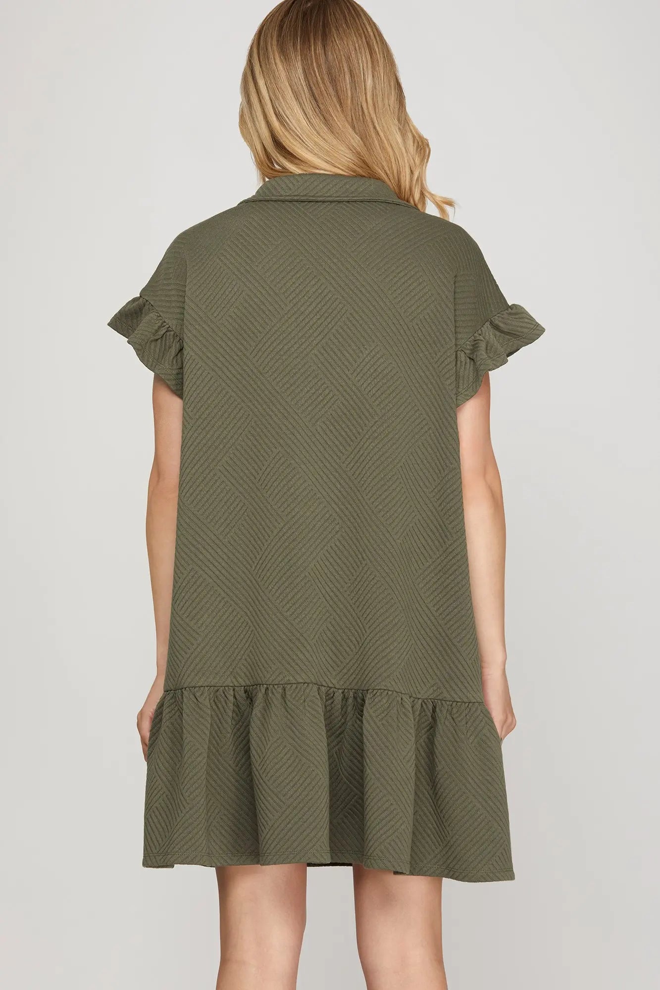 Rhiannon Textured Ruffle Zip Olive Dress