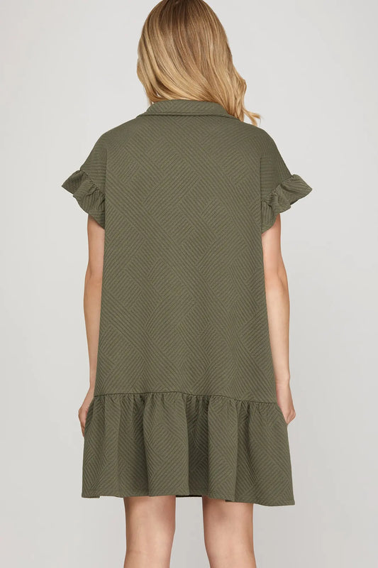 Rhiannon Textured Ruffle Zip Olive Dress
