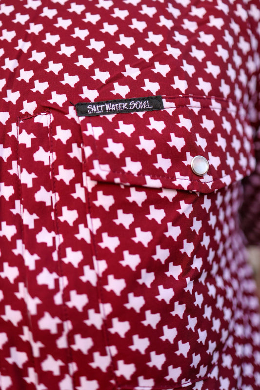 Mens Salt Water Soul TX Pearl Snap Maroon Fishing Shirt