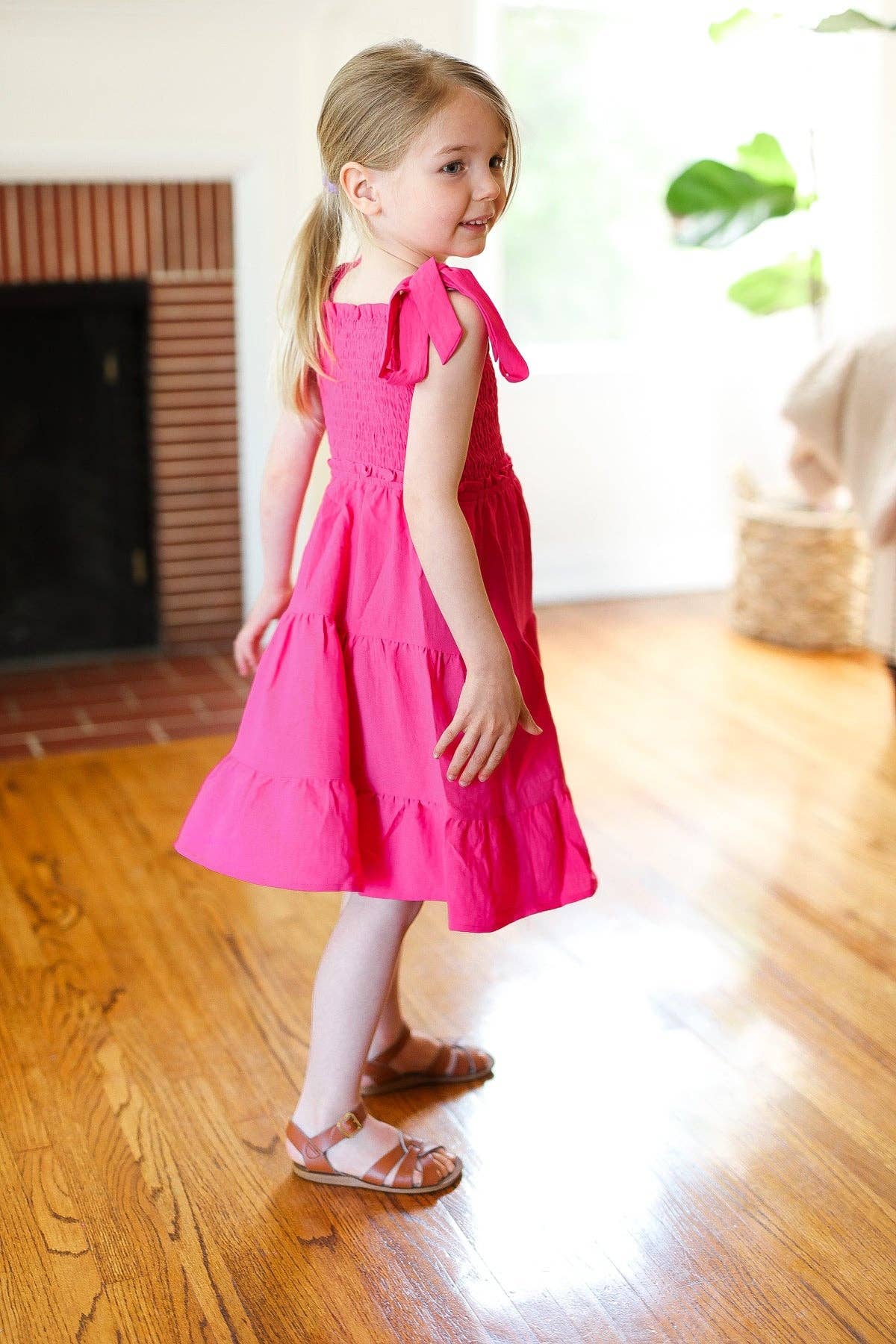 Girls Fuchsia Tiered Smocked Dress