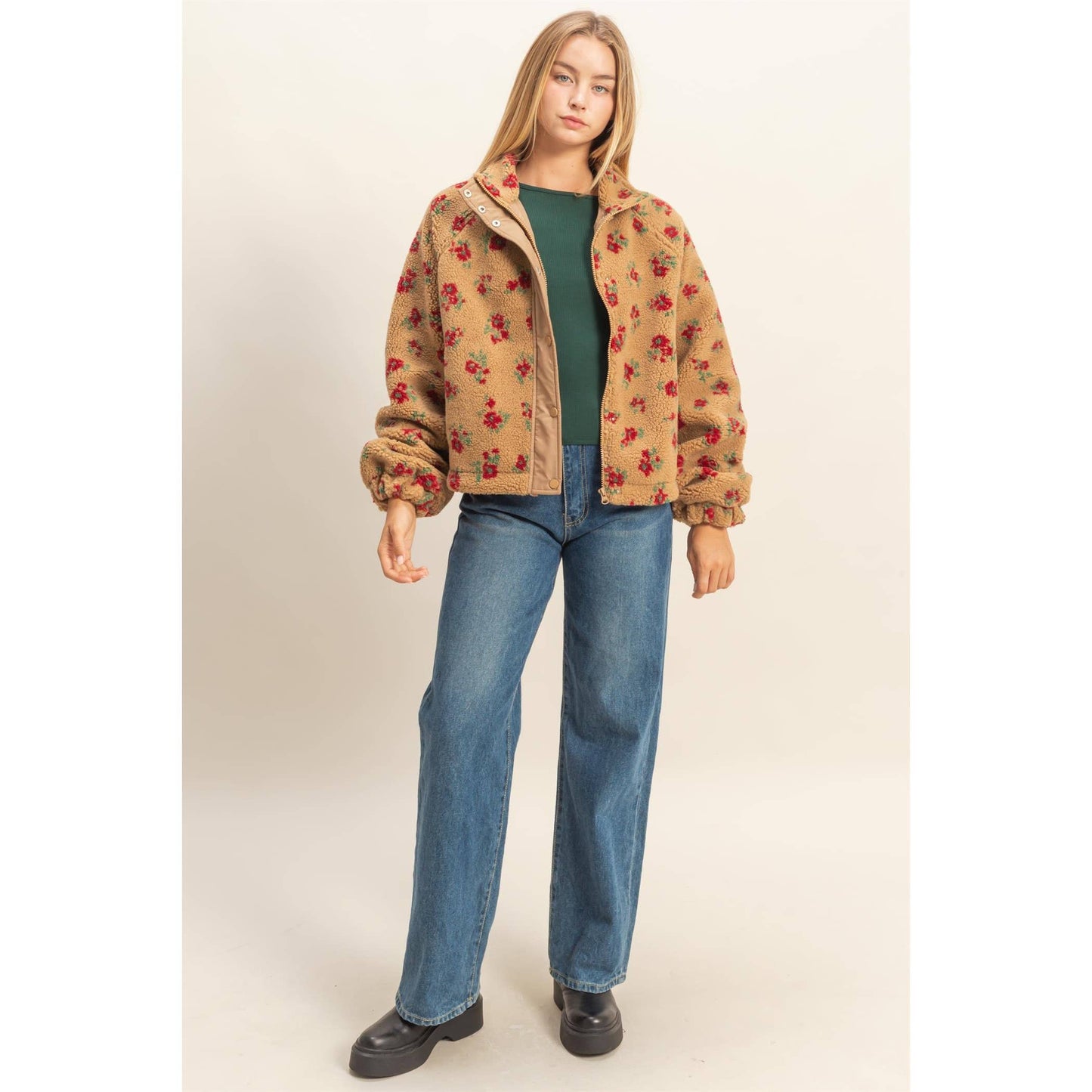 Dawn Floral Sherpa Tan & Maroon Jacket