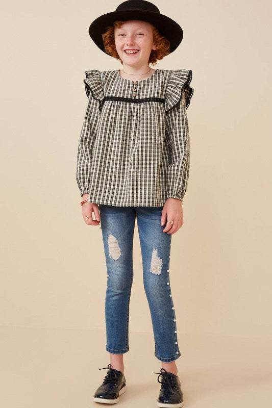 Girls Plaid Lace Longsleeve Blouse