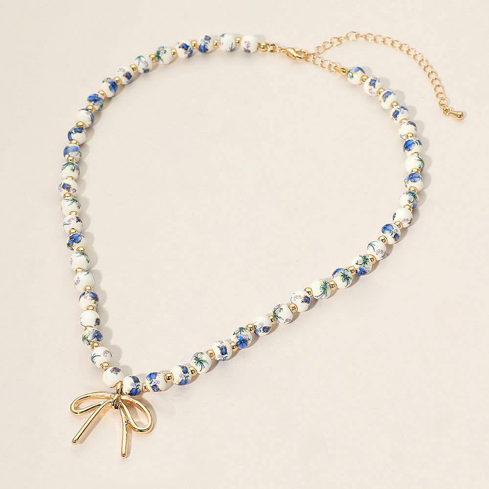 Meadow Blue Ceramic Beaded Bow Necklace