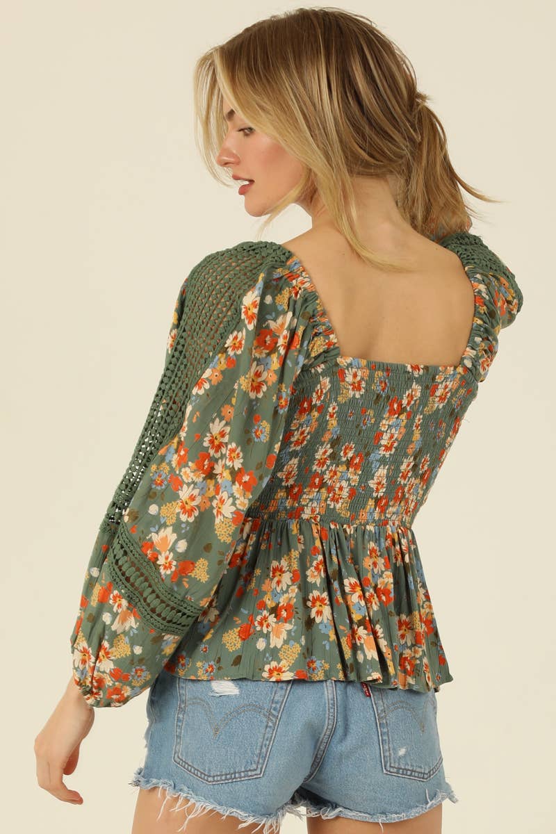 Mirella Sage & Orange Floral Smocked Blouse