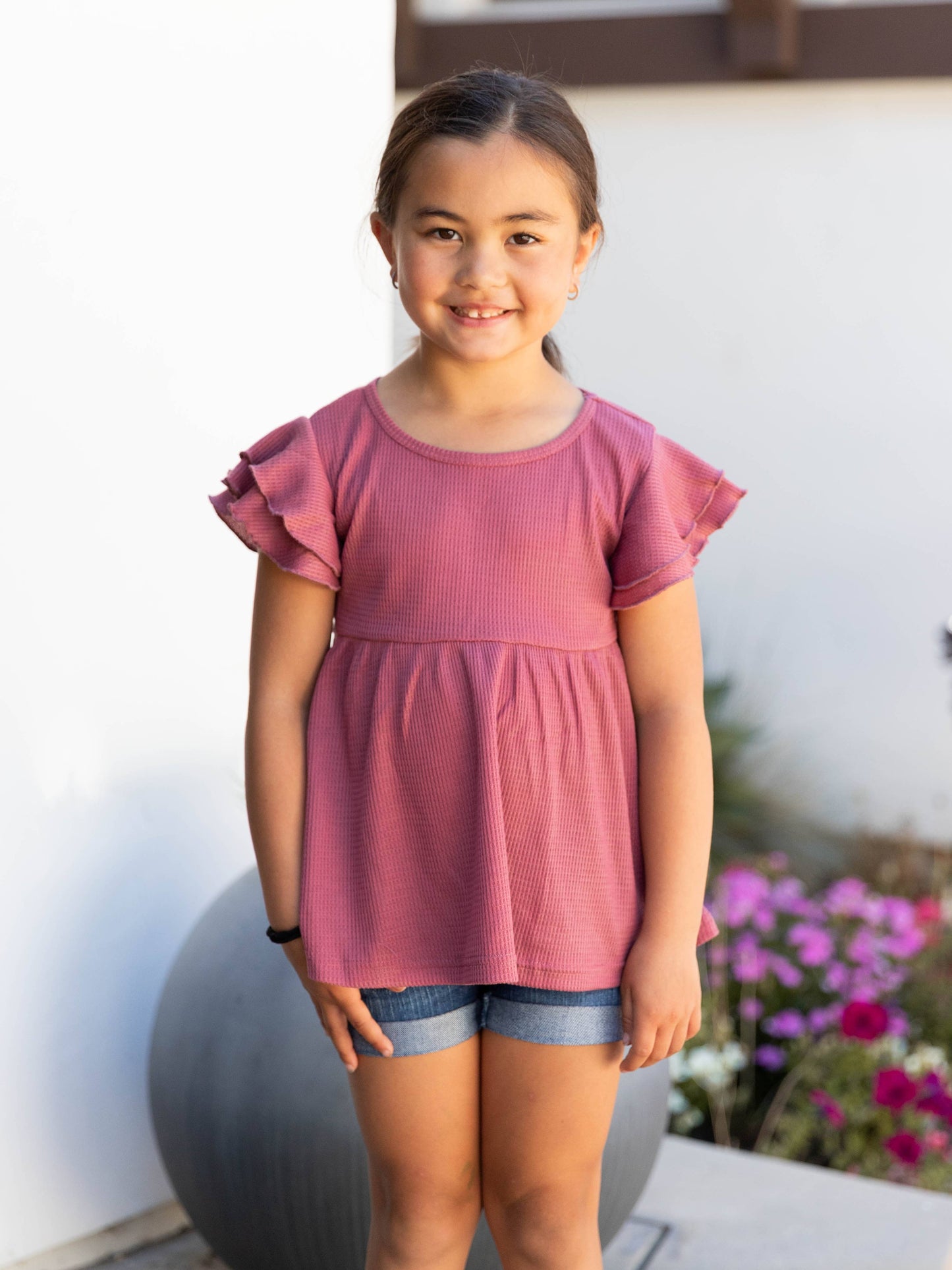 Girls Flutter Sleeve Waffle Peplum Blouse